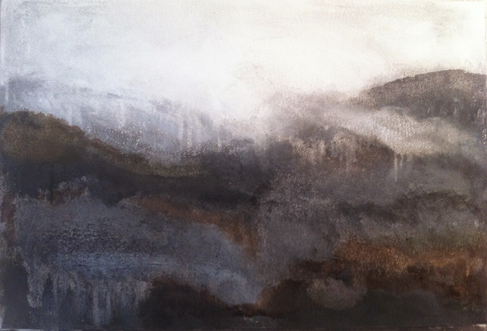 N° 853 - Brume dans les Albères sur le chemin de chez Loste - Acrylique sur papier - 38 x 56 cm - 3 décembre 2013